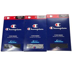 Champion 9 Adult Face Masks 3 Boxes Of 3 Black, Navy, Concrete S/M‎ Reusable